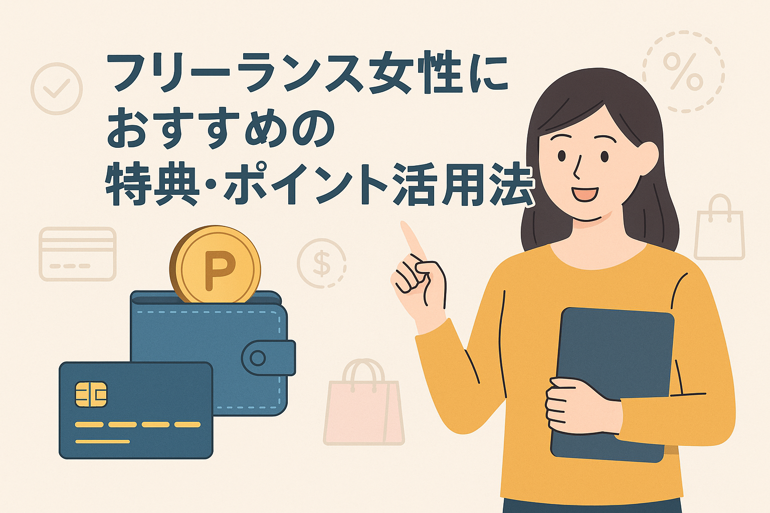 フリーランス女性におすすめの特典・ポイント活用法を紹介するアイキャッチ画像。女性と財布・クレジットカード・ポイントアイコンを描いたイラスト。
