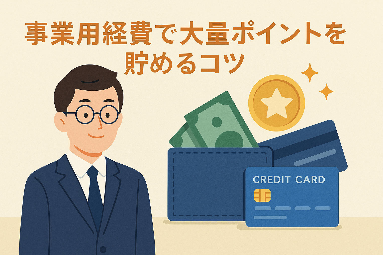 事業用経費で大量ポイントを貯める方法をテーマにしたアイキャッチ画像。スーツ姿の男性、財布、クレジットカード、ポイントコインのイラスト。