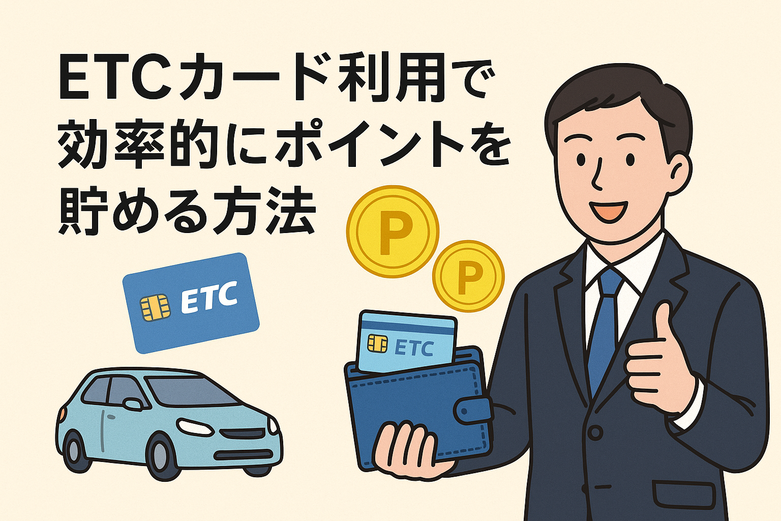 ETCカードを使って効率的にポイントを貯める方法を紹介するアイキャッチ画像。車、ETCカード、コイン、スーツ姿の男性を描いたイラスト。