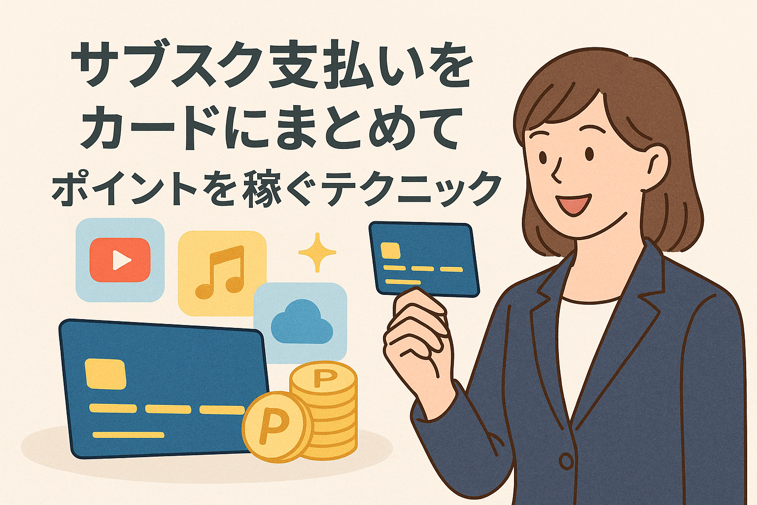 サブスク支払いをカードにまとめてポイントを稼ぐ方法を紹介するアイキャッチ画像。女性とクレジットカード、サブスクアイコン、ポイントコインのイラスト。