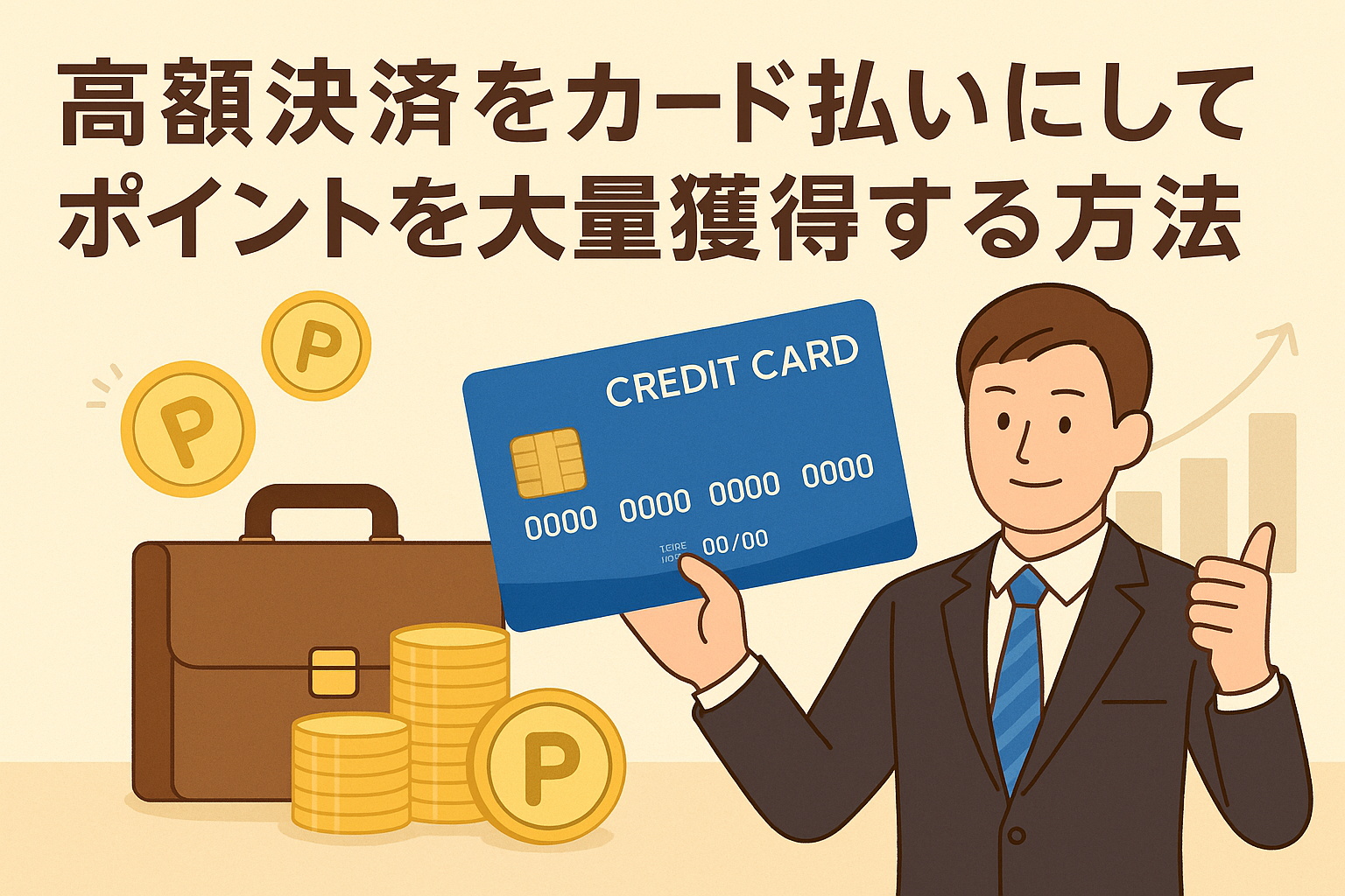 高額決済をカード払いにしてポイントを大量獲得する方法を紹介するアイキャッチ画像。スーツ姿の男性とクレジットカード、ポイントアイコン、ビジネスバッグのイラスト。