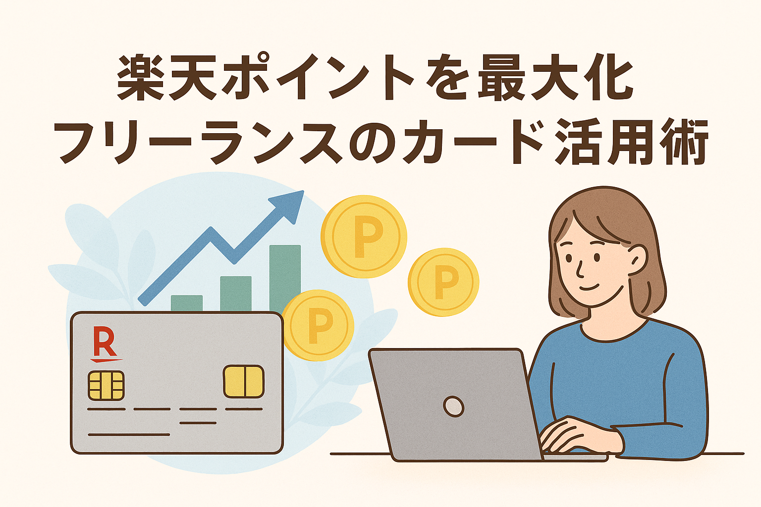 楽天ポイントを最大化するフリーランス向けカード活用術をイメージしたアイキャッチ画像。女性フリーランス、楽天カード、ポイントアイコン、上昇グラフを描いたイラスト。