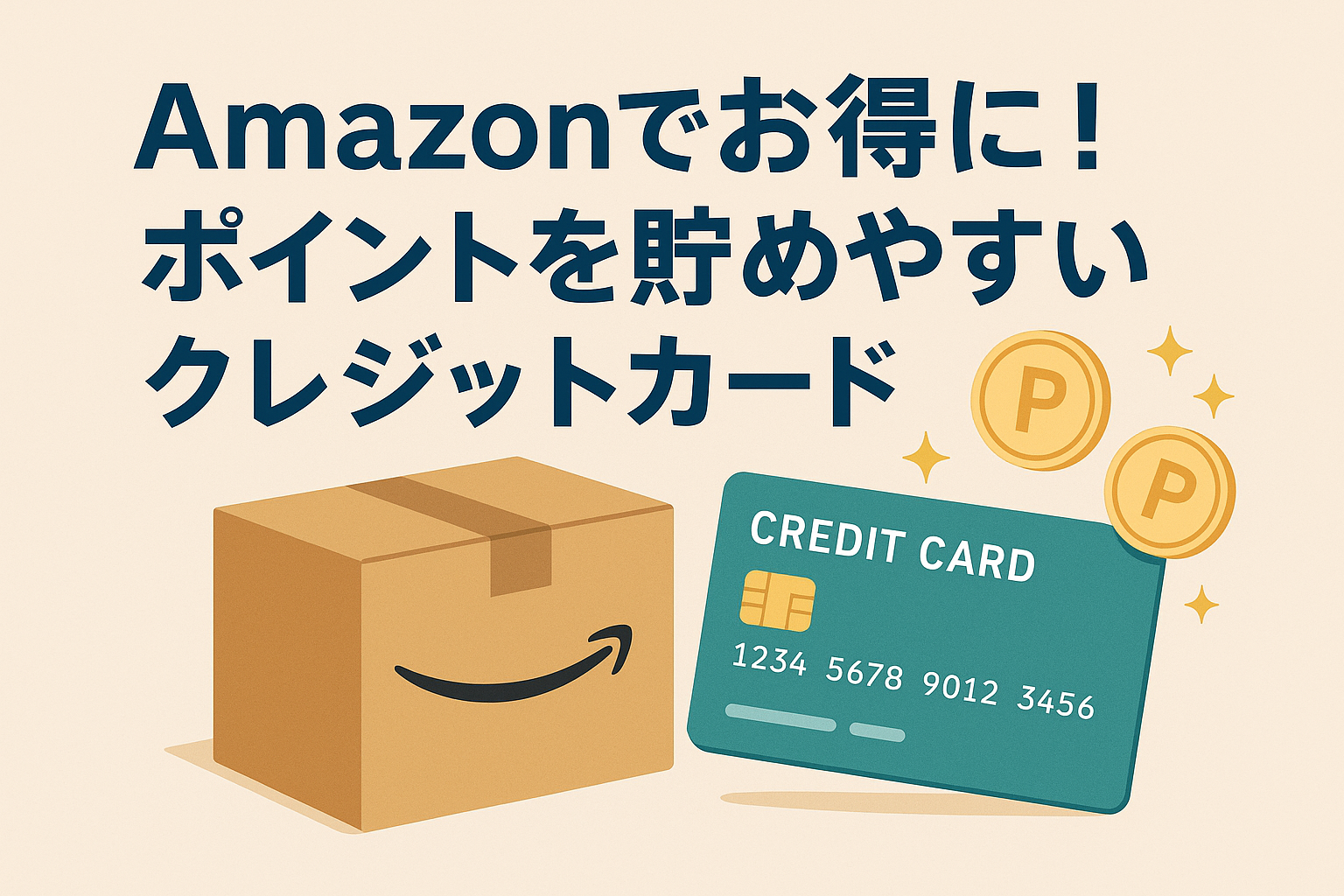 Amazonでお得にポイントを貯めやすいクレジットカードを紹介する記事用アイキャッチ画像。Amazon段ボール、クレジットカード、ポイントコインのイラスト。