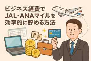 ビジネス経費をクレジットカード払いにしてJAL・ANAマイルを効率的に貯める方法をイメージしたアイキャッチ画像。スーツ姿の男性、クレジットカード、飛行機、ポイントアイコンを描いたイラスト。
