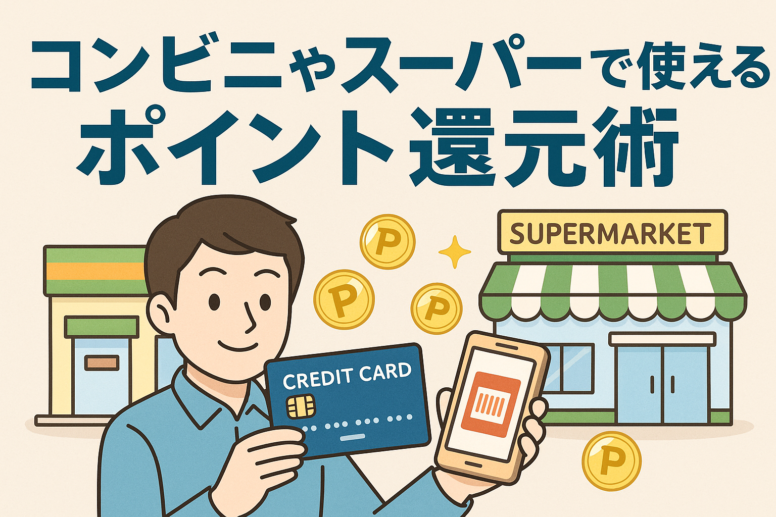 コンビニやスーパーでポイント還元を活用する方法を解説する記事用アイキャッチ画像。男性がクレジットカードとスマホを持ち、店舗とポイントアイコンが描かれたイラスト。