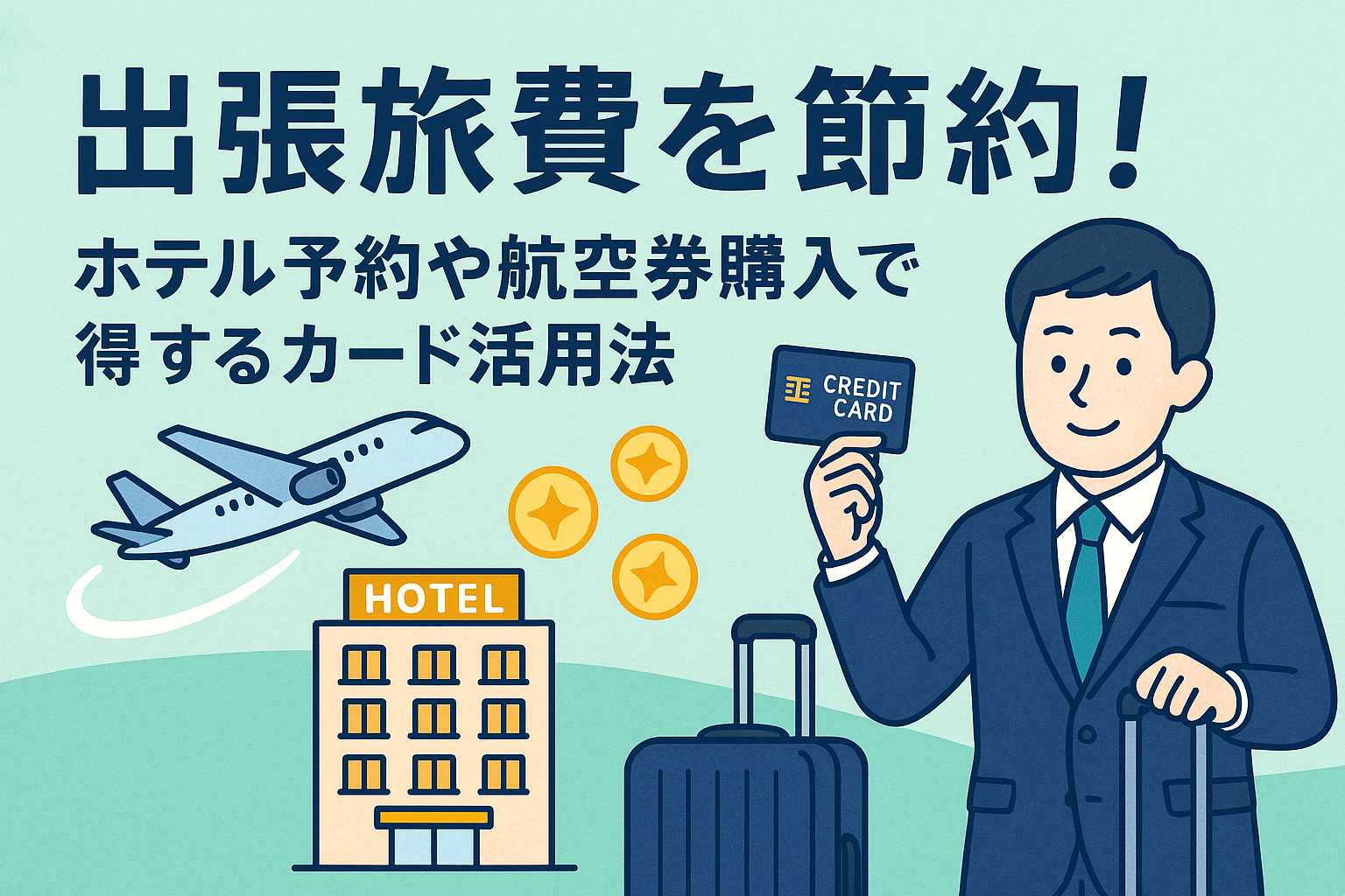 出張旅費を節約するためのカード活用法を表現したアイキャッチ画像。スーツ姿のビジネスマン、クレジットカード、飛行機、ホテル、ポイントアイコンを描いたイラスト。