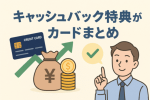 キャッシュバック特典付きカードの魅力を紹介する記事用アイキャッチ画像。クレジットカード、現金袋、コイン、上向き矢印を組み合わせた親しみやすいイラスト。