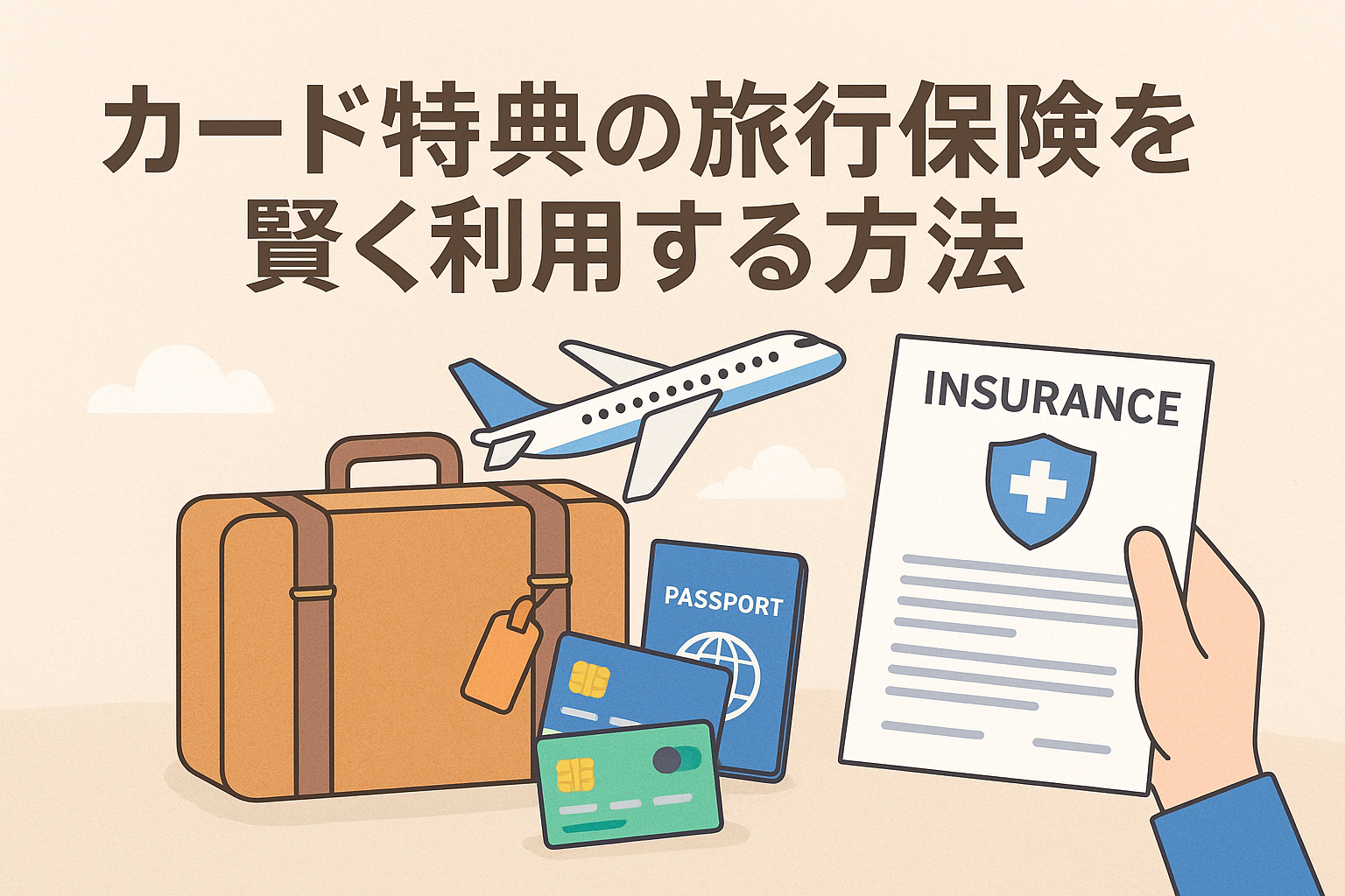 クレジットカード特典の旅行保険活用を解説する記事用アイキャッチ。飛行機、スーツケース、パスポート、カード、保険証書を組み合わせた親しみやすいイラスト。