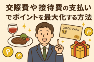 交際費や接待費をカード払いにしてポイントを最大化する方法を解説する記事用アイキャッチ画像。ビジネスマン、料理、ワイン、クレジットカード、ポイントアイコンを組み合わせたイラスト。