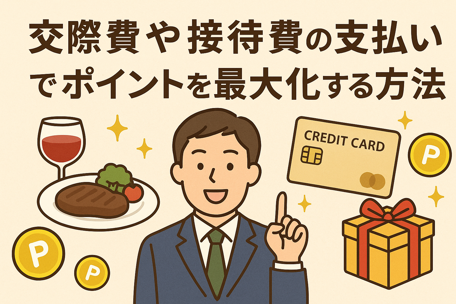 交際費や接待費をカード払いにしてポイントを最大化する方法を解説する記事用アイキャッチ画像。ビジネスマン、料理、ワイン、クレジットカード、ポイントアイコンを組み合わせたイラスト。