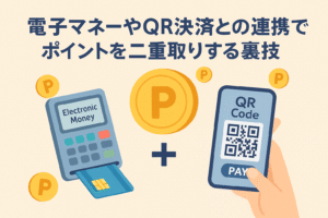電子マネーとQR決済を組み合わせてポイントを二重取りする方法を示すイラスト