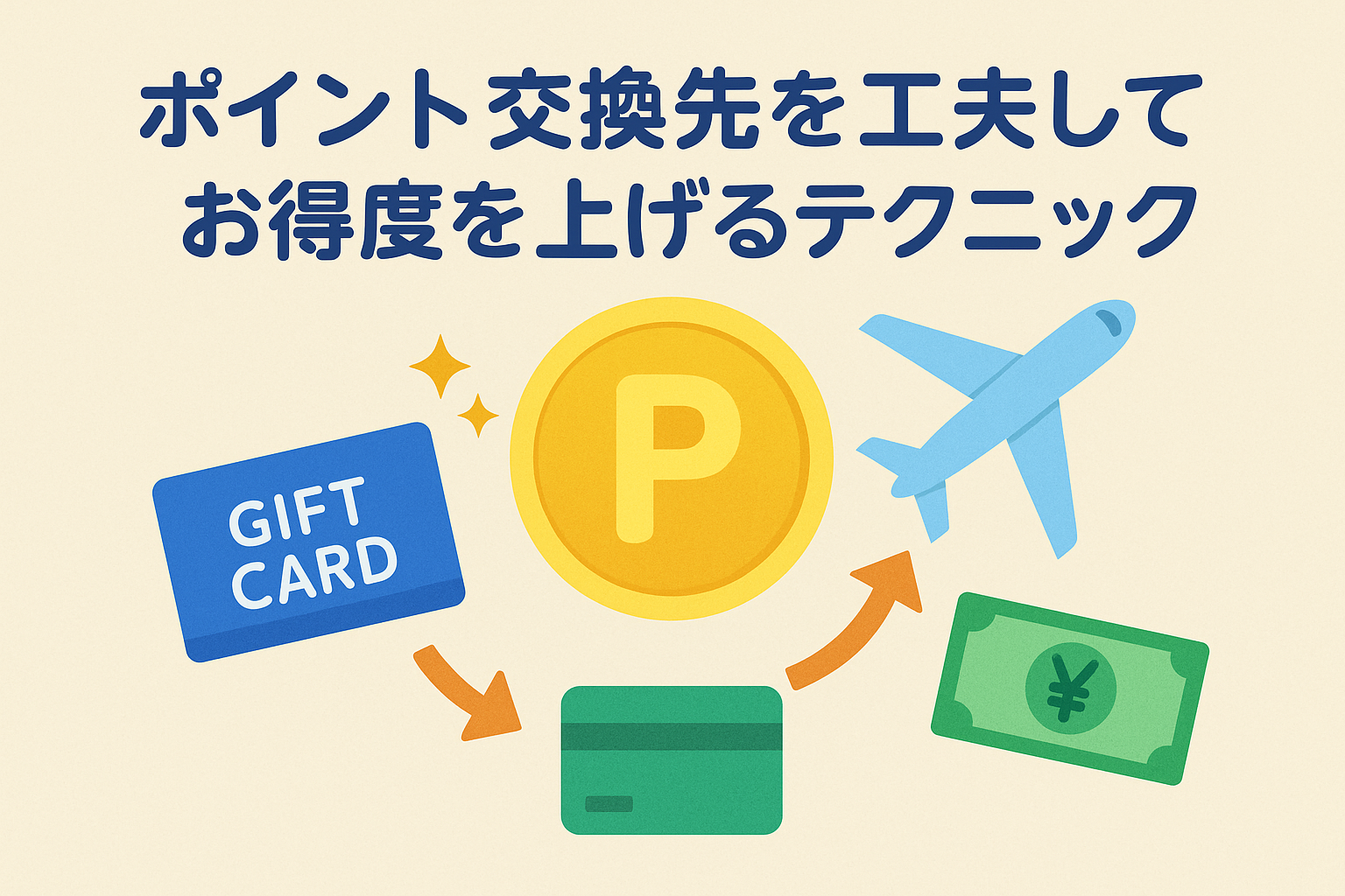 ポイント交換先を工夫してお得度を上げる方法を表現したイラスト。コイン、飛行機、ギフトカード、現金のアイコンを組み合わせたデザイン。