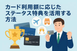 カード利用額に応じたステータス特典を活用する方法を表現したイラスト。クレジットカード、トロフィー、飛行機やホテルなどの特典アイコンが描かれている。