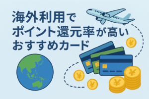 海外利用でポイント還元率が高いおすすめカードを表現したイラスト。地球、飛行機、クレジットカード、コインが描かれている。