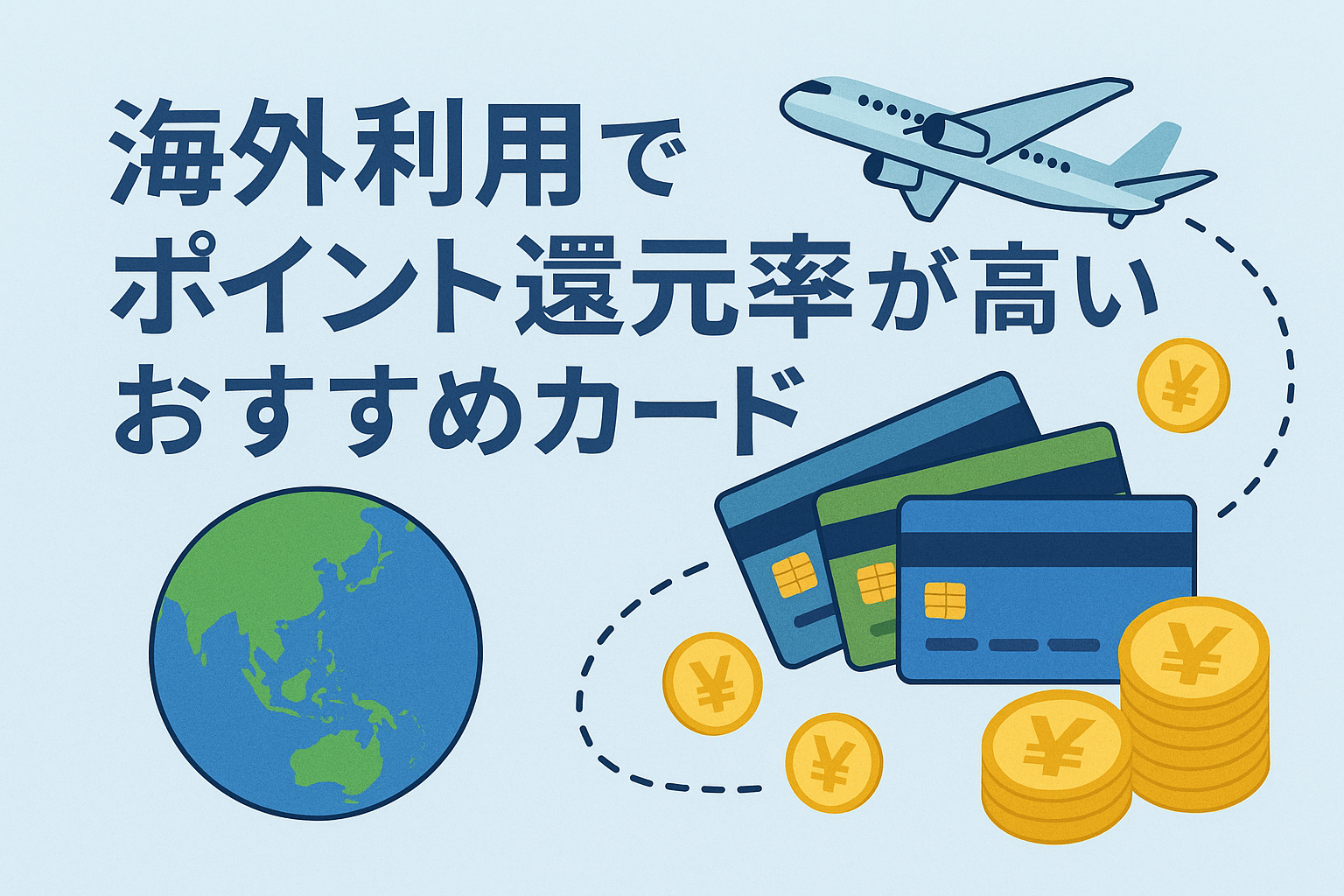海外利用でポイント還元率が高いおすすめカードを表現したイラスト。地球、飛行機、クレジットカード、コインが描かれている。