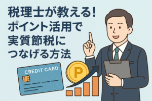 税理士がポイント活用で実質節税につなげる方法を解説するイラスト。クレジットカード、ポイントコイン、税務を象徴する帳簿やグラフが描かれている。