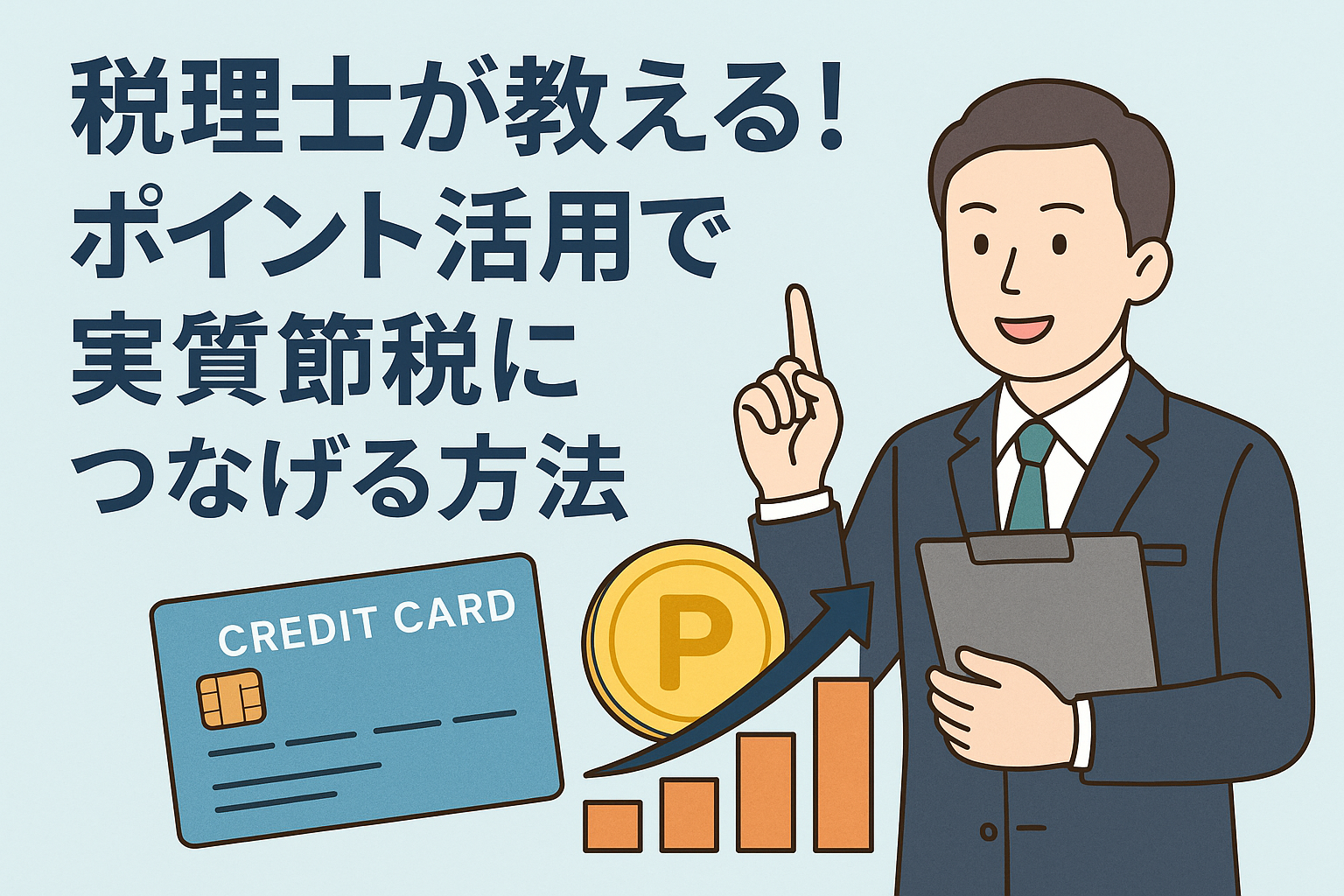 税理士がポイント活用で実質節税につなげる方法を解説するイラスト。クレジットカード、ポイントコイン、税務を象徴する帳簿やグラフが描かれている。