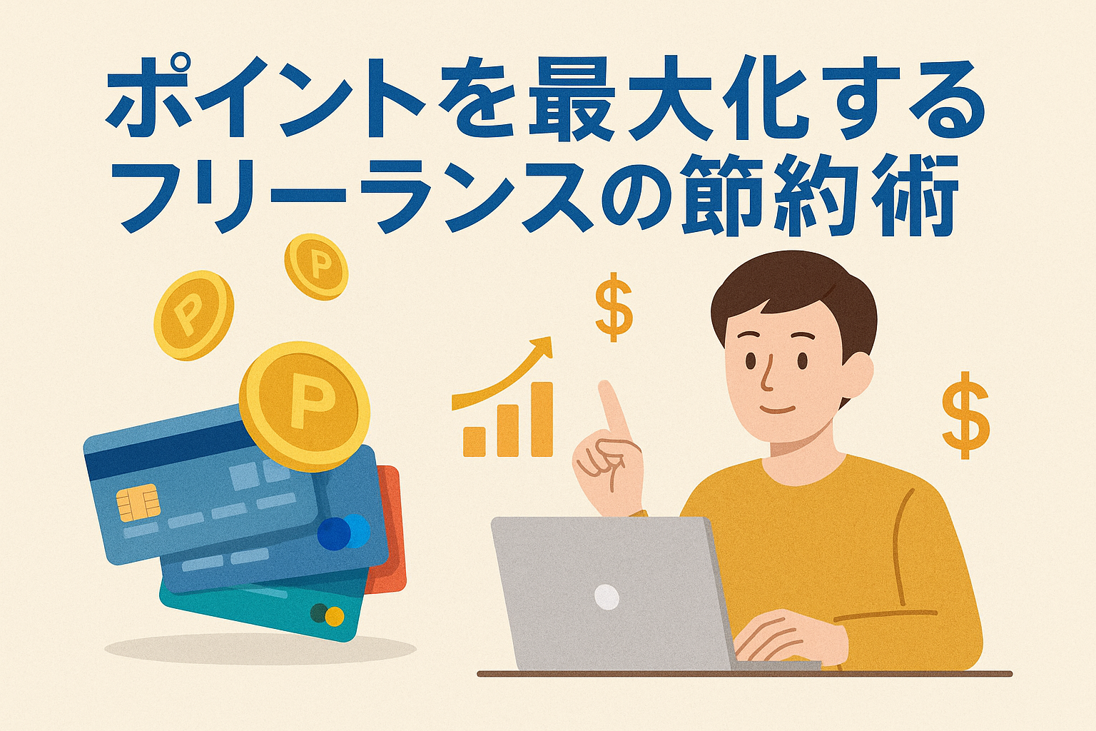 フリーランスがクレジットカードやポイント活用で節約する方法を表現したイラスト。カード、コイン、パソコンを操作する人物、成長グラフが描かれている。