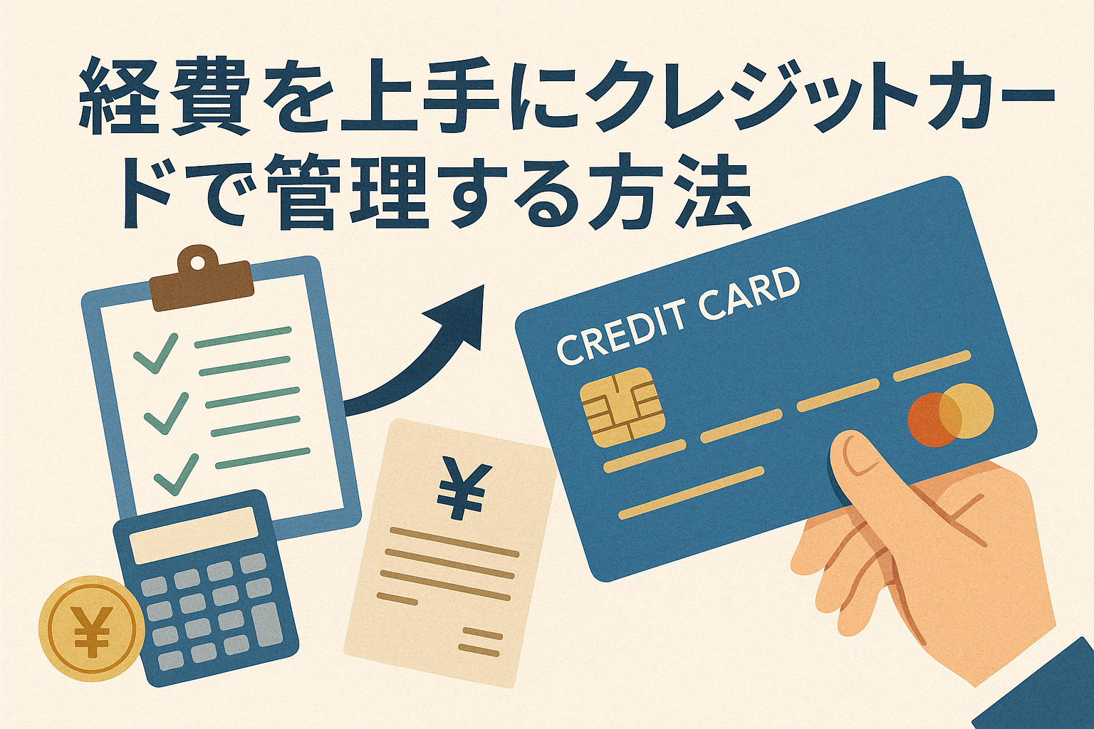 経費をクレジットカードで管理する方法を解説するイラスト。クレジットカード、計算機、チェックリスト、請求書、円マークのコインが描かれている。