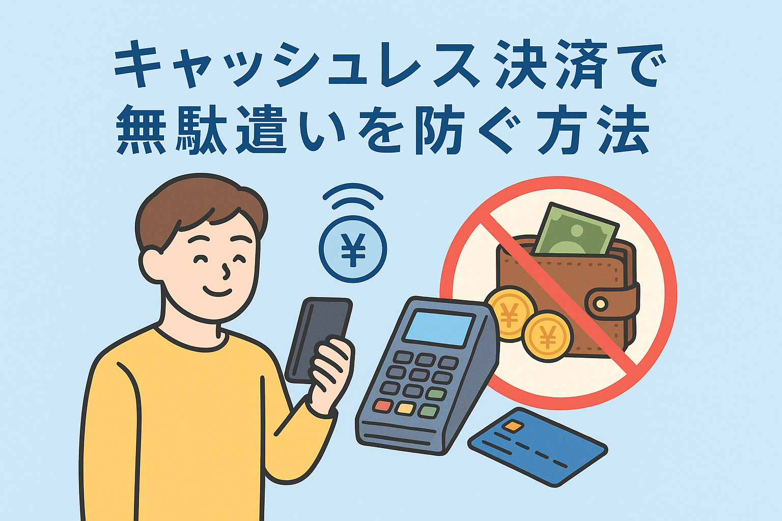 キャッシュレス決済で無駄遣いを防ぐ方法をイメージしたイラストで、スマホ決済をする男性と、現金財布に禁止マークが付いた図が描かれている。