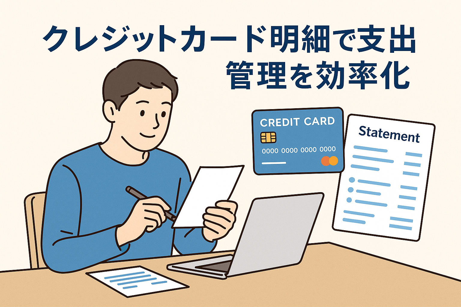 クレジットカード明細をパソコンと紙で確認している男性が描かれたイラストで、支出管理を効率化するイメージを表現している。