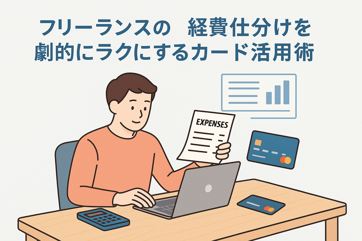 フリーランスが経費処理を効率化するためにカード明細やパソコンを使って作業している様子を描いたイラストで、カード活用による経費仕分けのイメージが視覚的に表現されている。