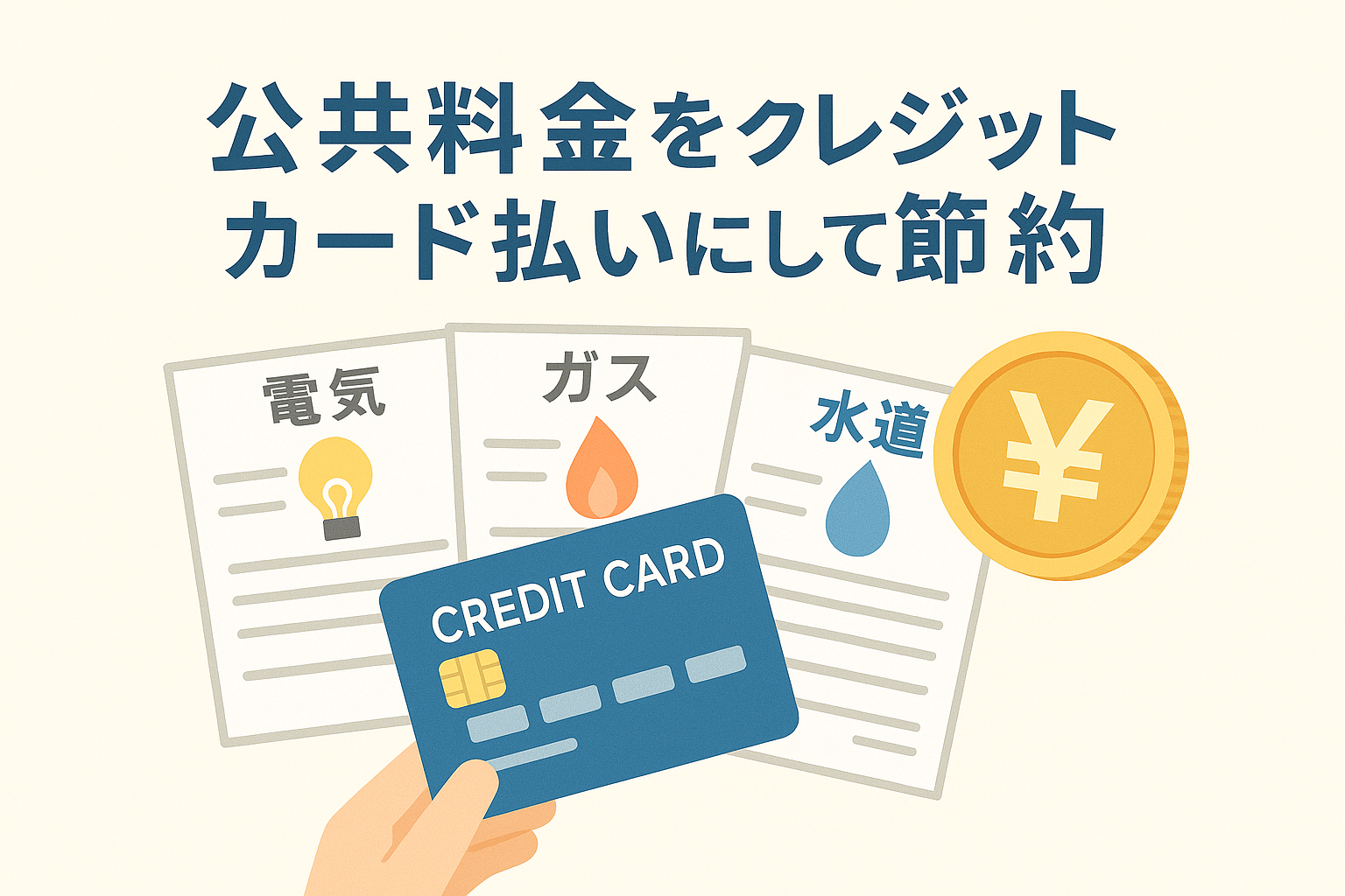 電気・ガス・水道などの公共料金の請求書とクレジットカードを組み合わせ、カード払いによる節約をイメージさせるイラスト。
