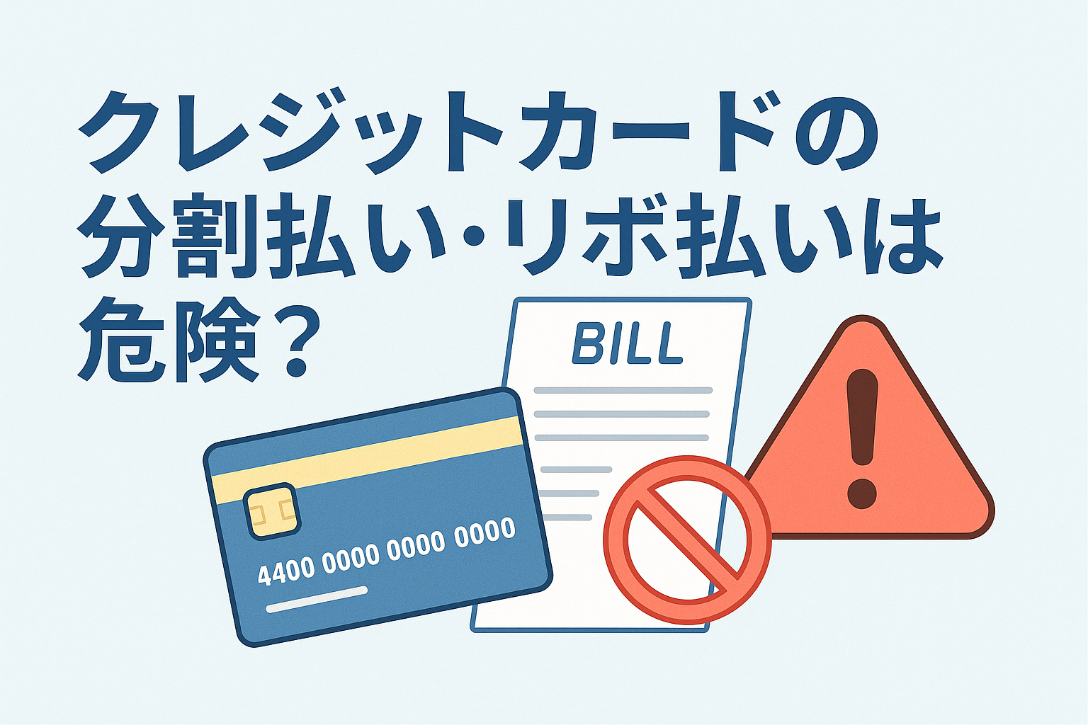 クレジットカードの分割払い・リボ払いの危険性を示すため、カード、請求書、警告アイコンを組み合わせて注意喚起を表現したイラスト。