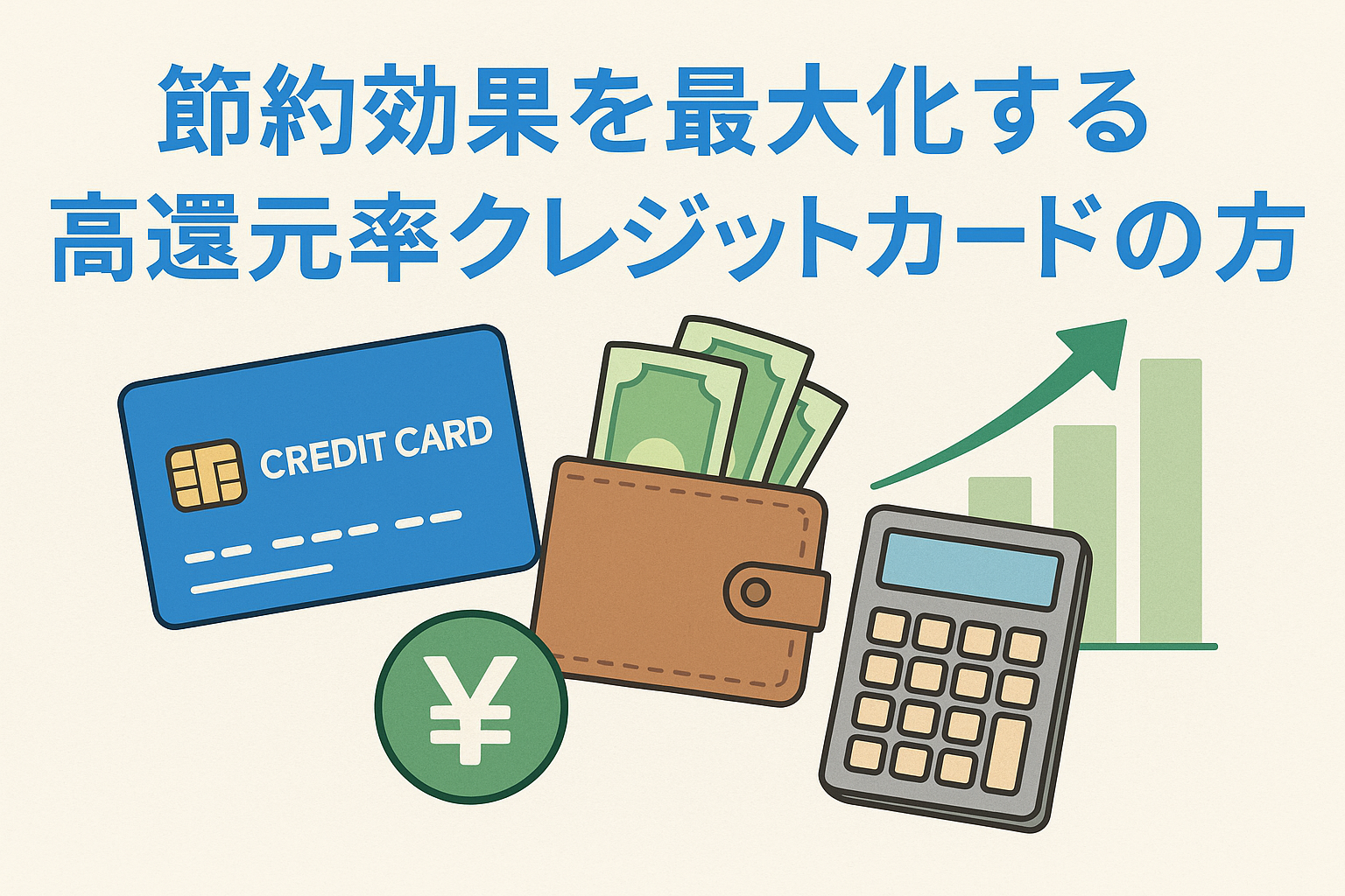 高還元率クレジットカードを活用して節約効果を高めるイメージを表現したイラストで、カード・財布・お金・電卓・上昇グラフなどが描かれ、節約効果の向上を示している。