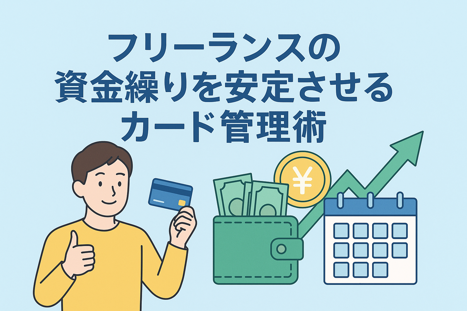 フリーランスがクレジットカードを使って資金繰りを安定させる様子をイメージしたイラスト。カードと財布、カレンダー、上向きの矢印が描かれ、資金管理の改善を表現している。