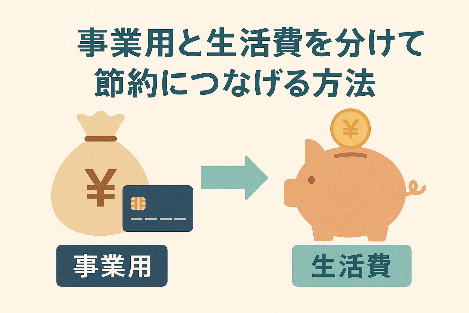 事業用のお金と生活費を分けて管理する様子を表現したイラスト。左側に事業用の資金袋とクレジットカード、右側に生活費を貯める貯金箱が描かれ、両者を矢印で区別している。