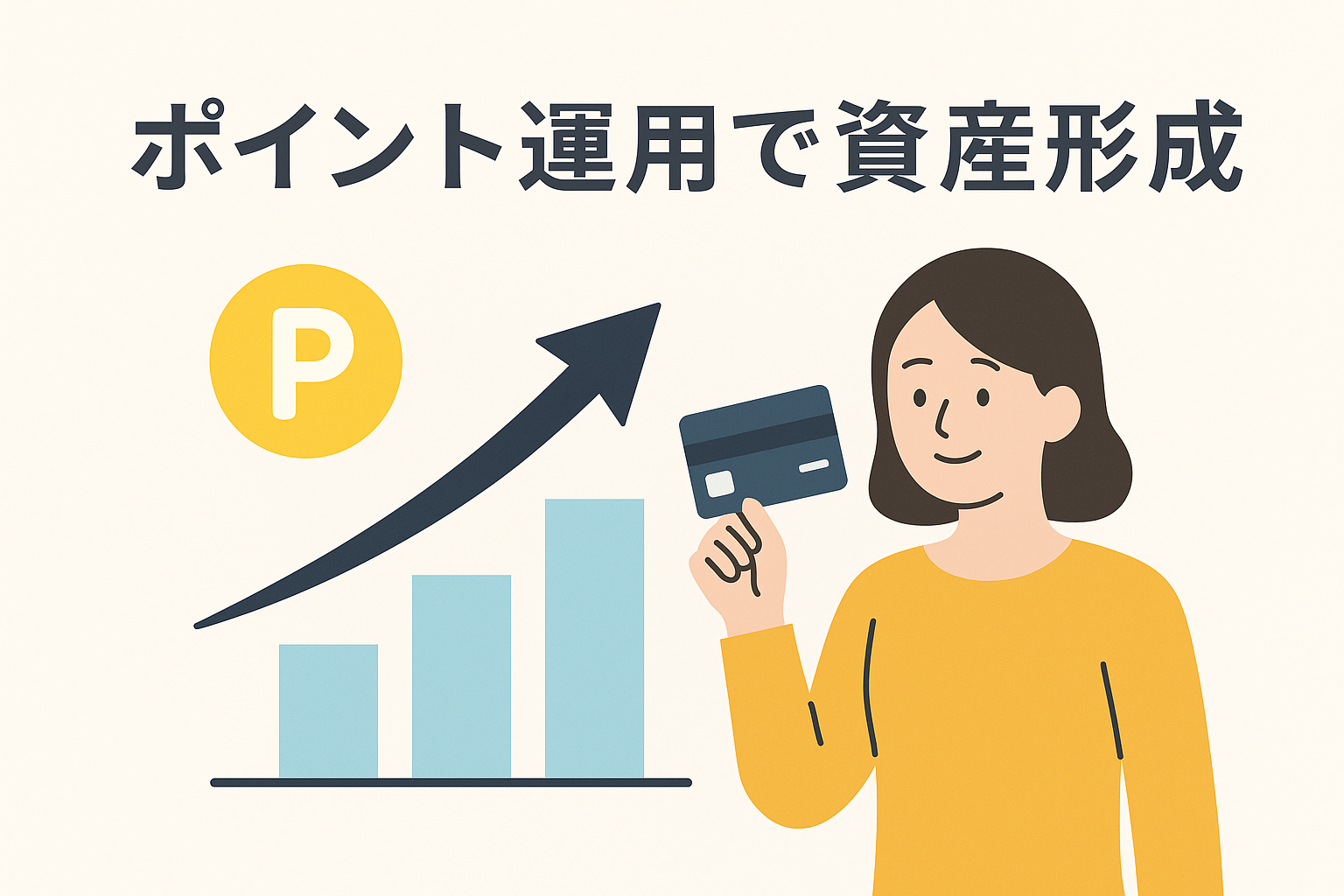 ポイント運用で資産形成をするイメージを表現したイラスト。女性がクレジットカードを手に持ち、ポイントを示す「P」マークと上昇するグラフが描かれ、ポイントが資産として増えていく様子を視覚的に示している。