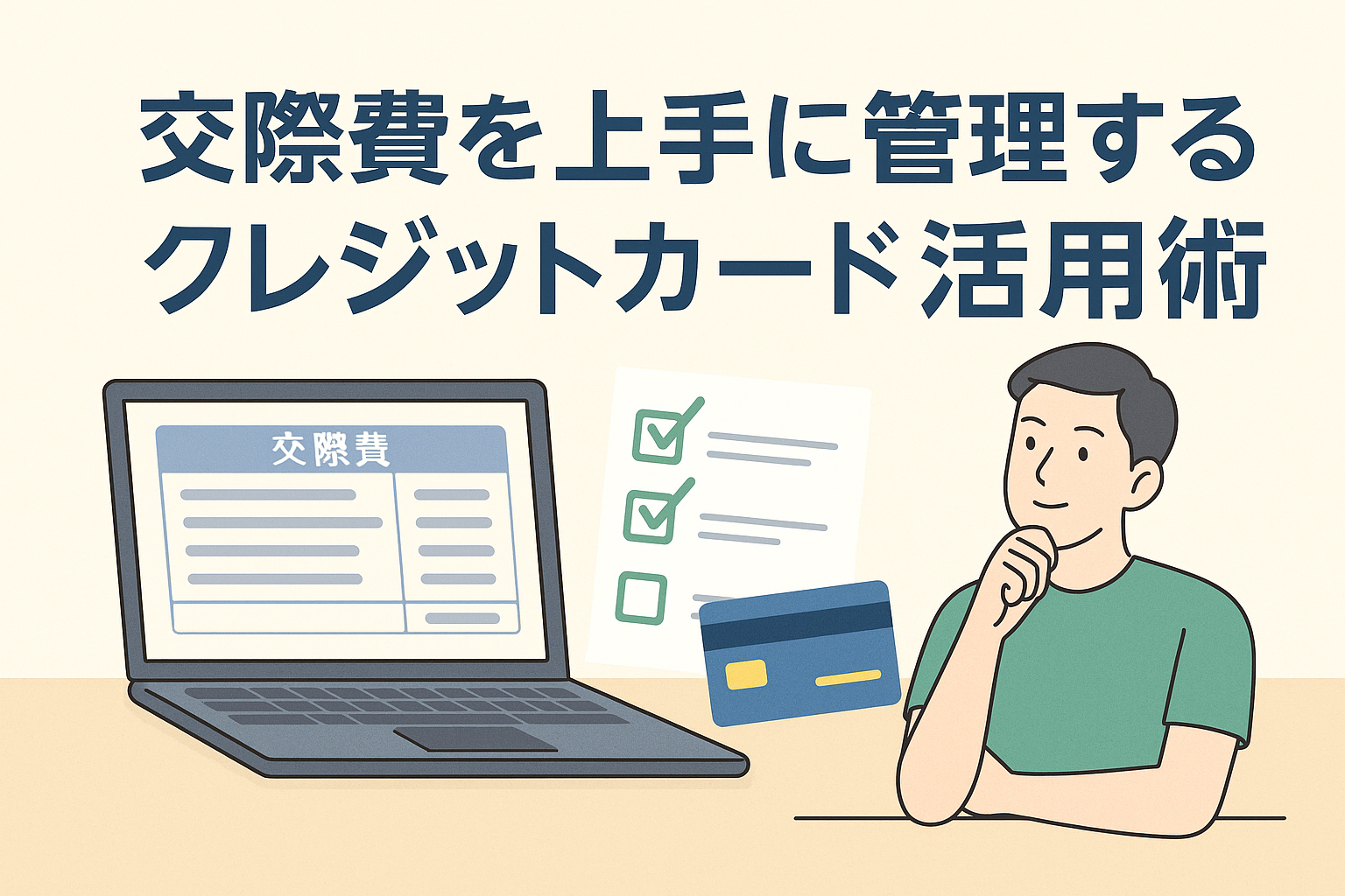 交際費をクレジットカードで効率よく管理する様子を描いたイラスト。パソコンに表示された交際費管理画面、チェックリスト、クレジットカード、考えながら整理する男性が描かれ、交際費管理のイメージを直感的に伝えている。