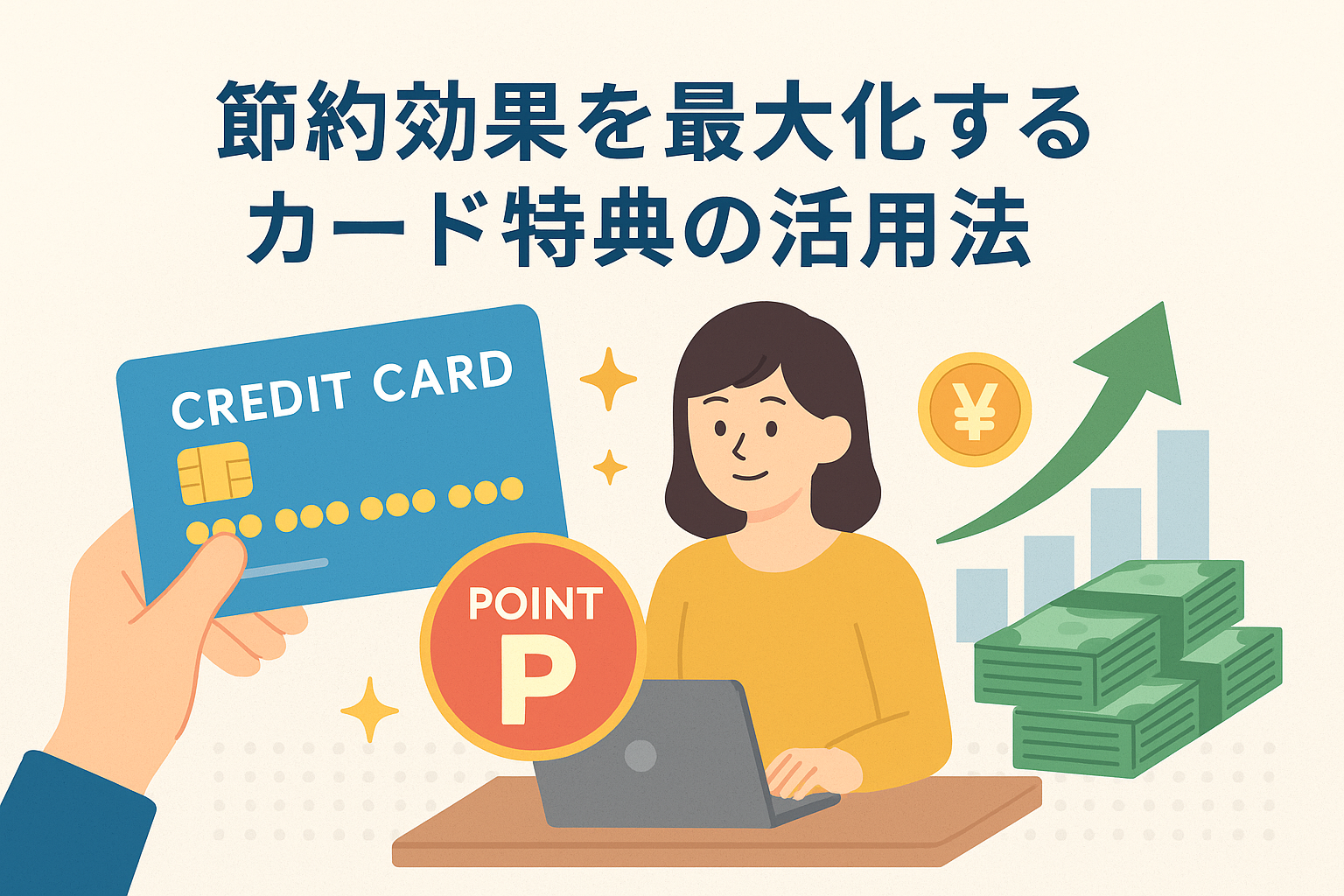 クレジットカード特典を活用して節約効果を高めるイメージを描いたイラスト。パソコンでポイント管理をする女性、青いクレジットカード、ポイントマーク、積み上がるお金や上向きの矢印など、節約やお得感をわかりやすく表現している。