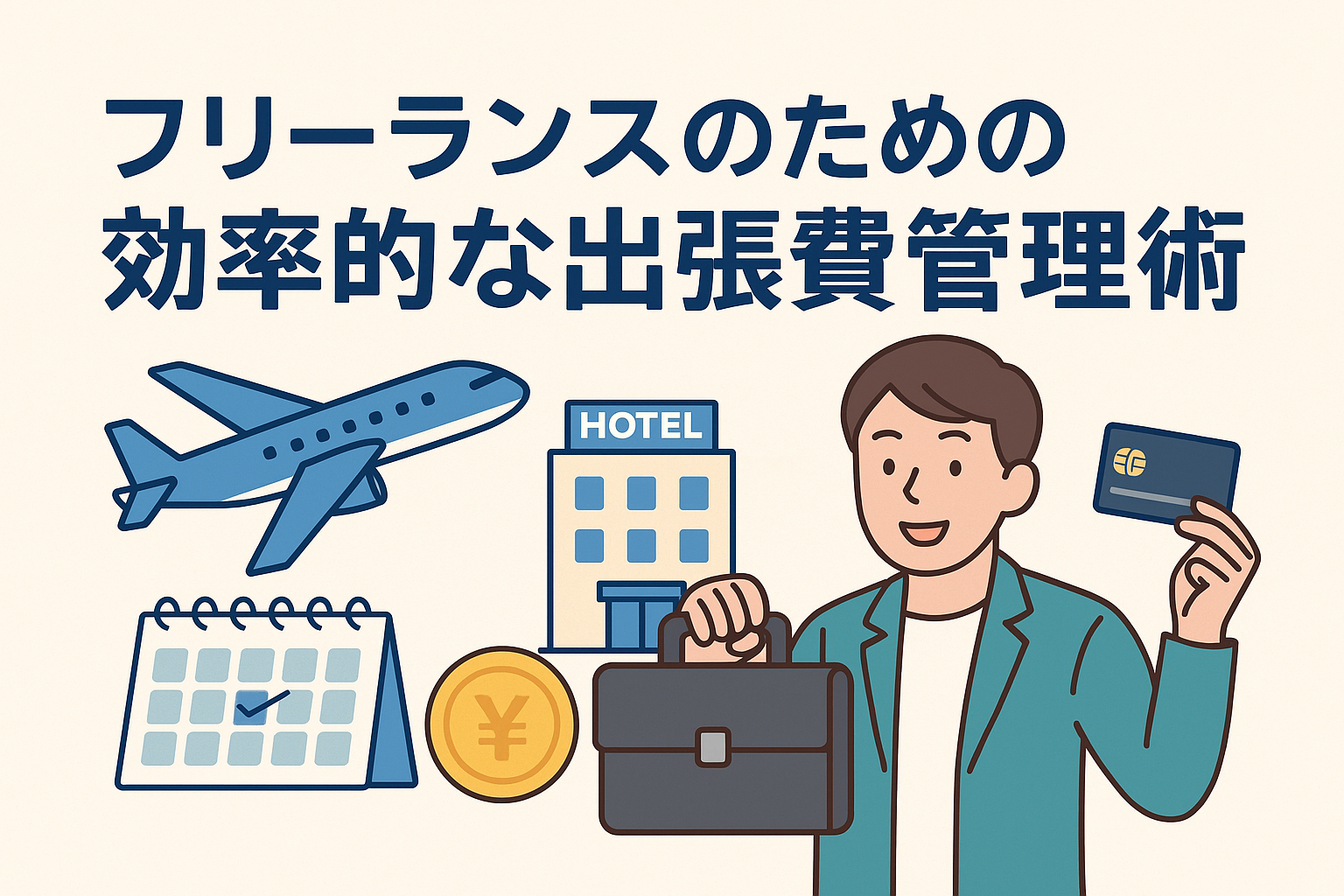 フリーランスが出張費を効率的に管理するイメージを描いたイラスト。飛行機、ホテル、カレンダー、クレジットカード、ブリーフケースを持った男性などが配置され、出張費管理のポイントを視覚的に表現している。