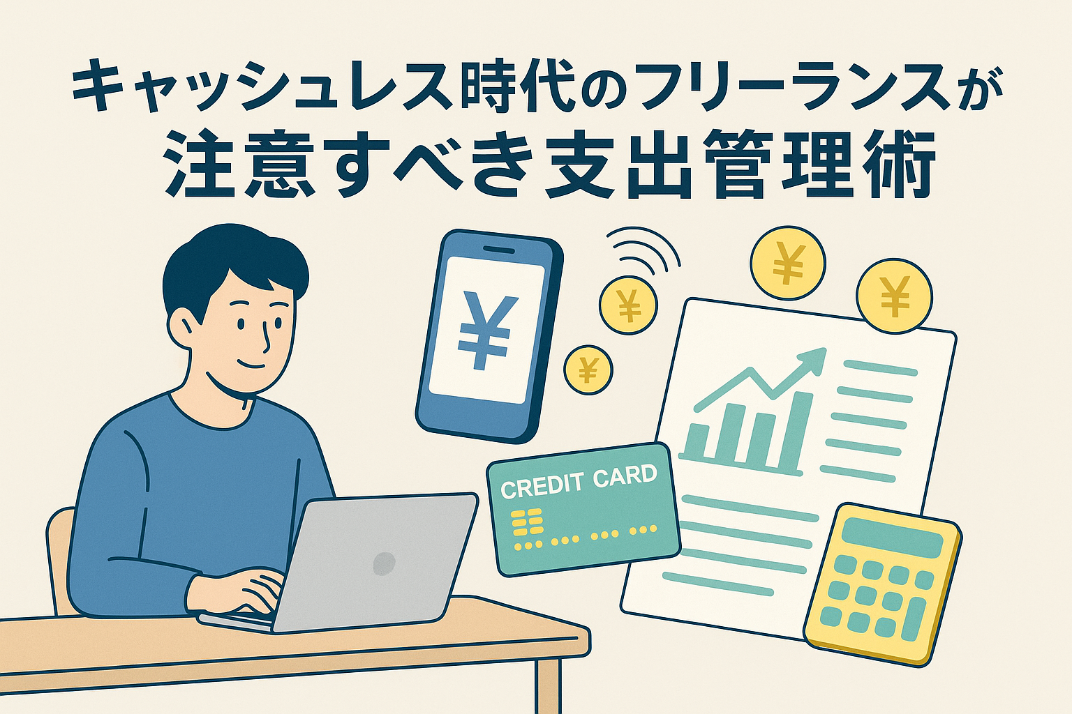 キャッシュレス時代にフリーランスが支出管理を行う様子を描いたイラスト。パソコンを操作する男性、スマホの円マーク表示、クレジットカード、支出管理グラフ、電卓、コインなどが配置され、キャッシュレス管理の重要性を視覚的に表現している。