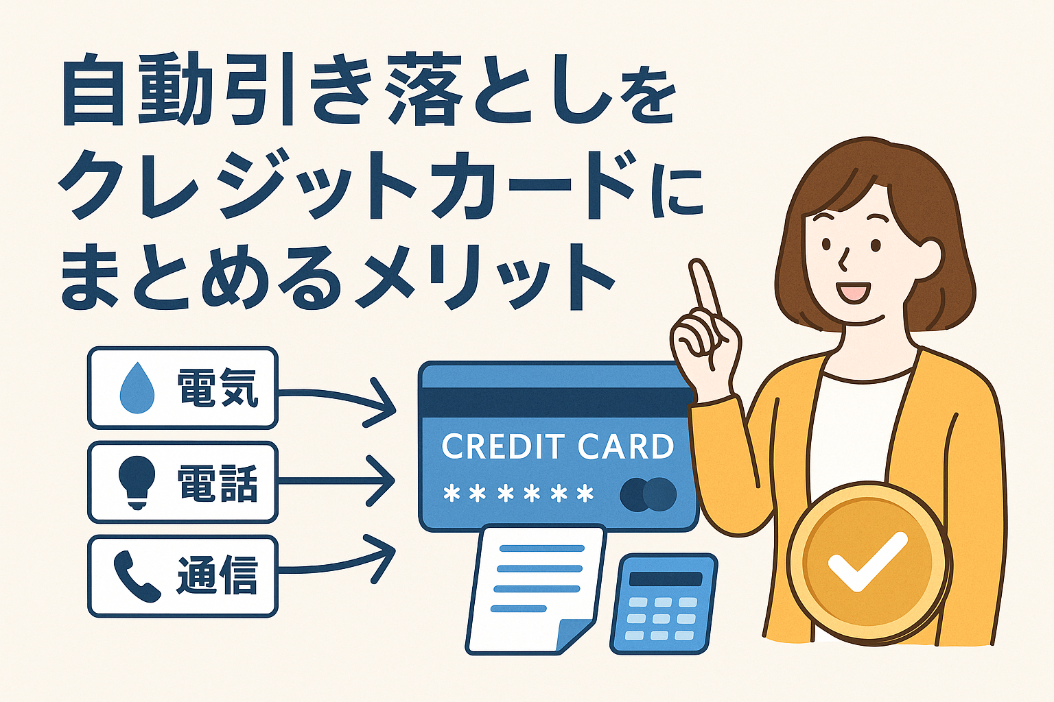 電気・電話・通信などの自動引き落としをクレジットカードにまとめるメリットを説明するイラスト。複数の支払いがカードに集約され、ポイントや管理のしやすさが視覚的に表現されている。