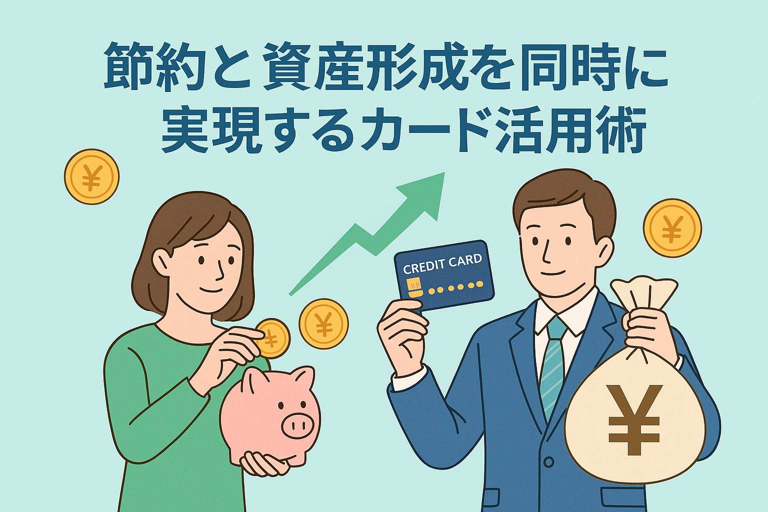 クレジットカードを使って節約と資産形成を両立するイメージとして、貯金箱にお金を入れる女性と、カードを持つ男性が描かれ、背景には上向きの矢印が示されたイラスト。