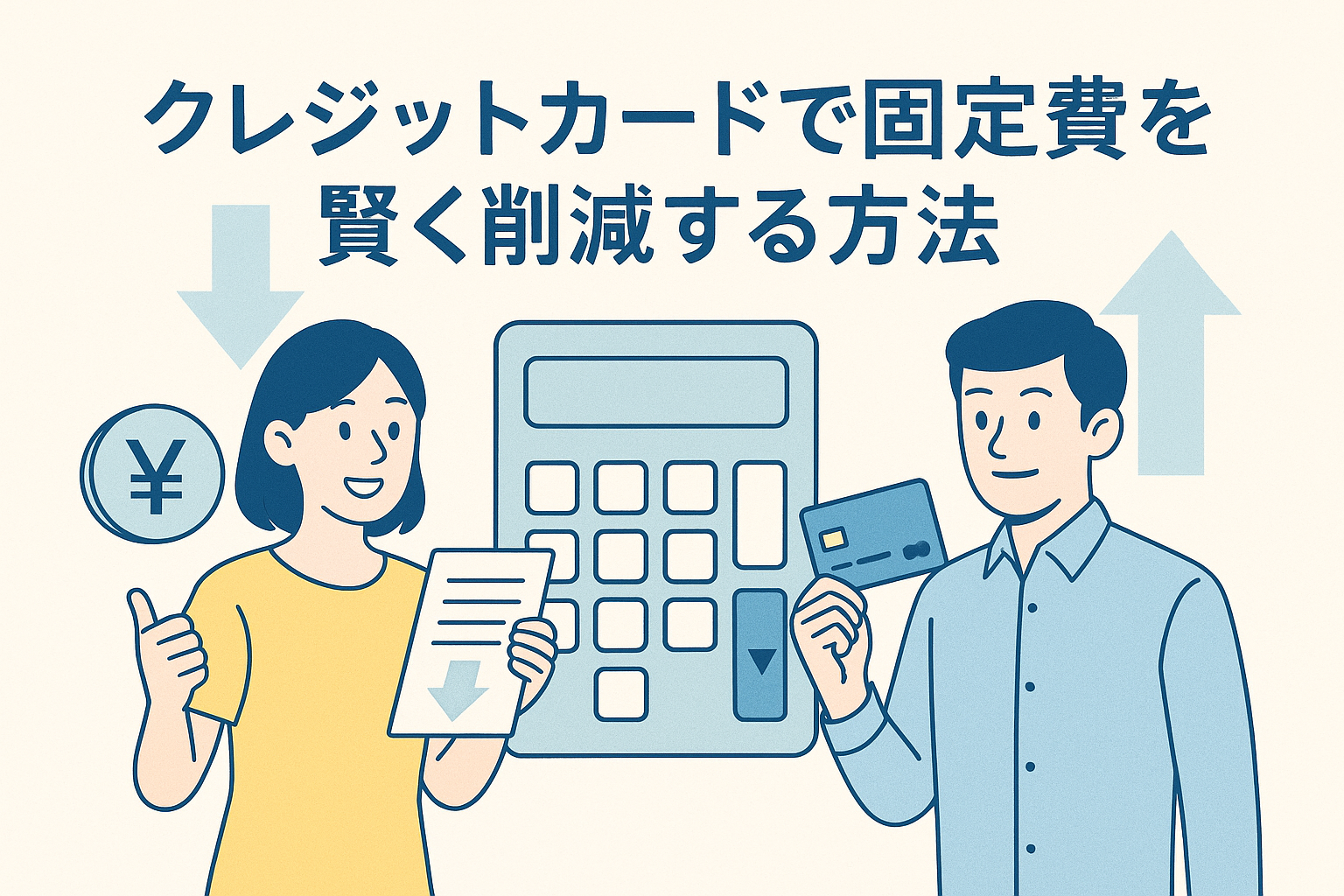 クレジットカードで固定費を削減するイメージとして、女性が請求書を持って親指を立て、男性がクレジットカードを掲げている様子が描かれ、背景に電卓や矢印のイラストが配置された分かりやすいアイキャッチ画像。