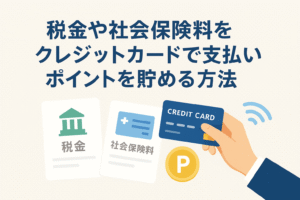 税金や社会保険料の書類とクレジットカードを組み合わせ、カード支払いでポイントを貯められることを表現したイラスト。カードをかざす手と「税金」「社会保険料」の書類、ポイントを示すPマークが描かれている。