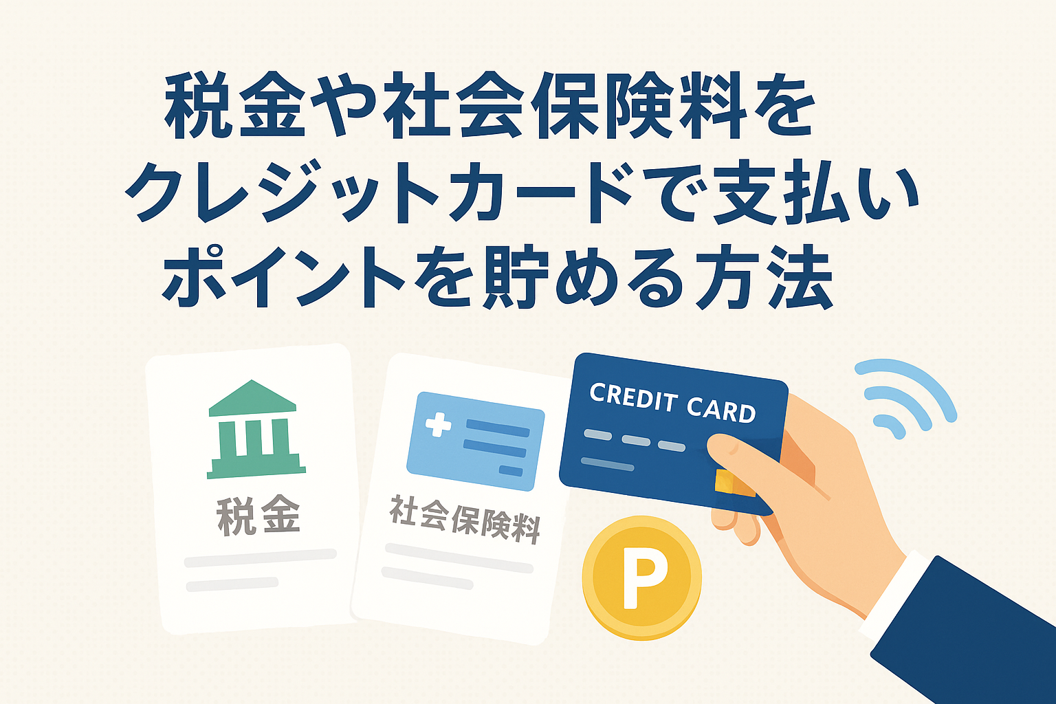 税金や社会保険料の書類とクレジットカードを組み合わせ、カード支払いでポイントを貯められることを表現したイラスト。カードをかざす手と「税金」「社会保険料」の書類、ポイントを示すPマークが描かれている。