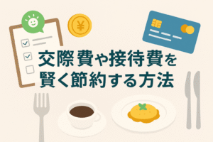 交際費や接待費を賢く節約するイメージとして、チェックリスト、クレジットカード、コイン、コーヒーと食事のイラストが配置され、日本語タイトルが中央に入った分かりやすいデザインのアイキャッチ画像。