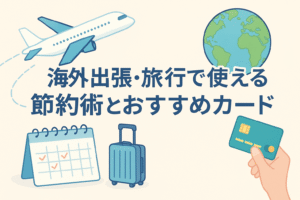 海外出張や旅行に関する節約術とおすすめカードをイメージしたイラストで、飛行機、地球儀、スーツケース、カレンダー、クレジットカードを持つ手が描かれ、日本語タイトルが中央に配置された親しみやすいデザインのアイキャッチ画像。