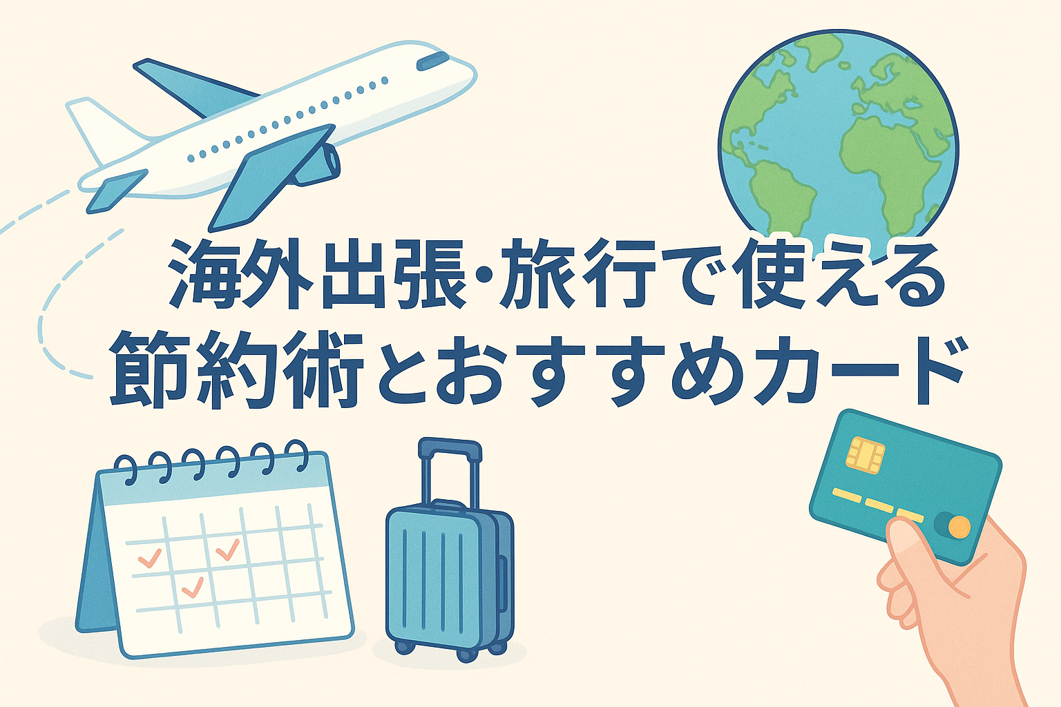 海外出張や旅行に関する節約術とおすすめカードをイメージしたイラストで、飛行機、地球儀、スーツケース、カレンダー、クレジットカードを持つ手が描かれ、日本語タイトルが中央に配置された親しみやすいデザインのアイキャッチ画像。
