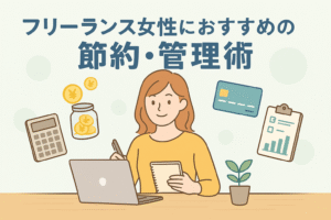 フリーランス女性がノートPCとメモ帳を使って家計管理や節約術を実践している様子を描いたイラストで、電卓、コイン、カード、チェックリストなどのアイコンが周囲に配置され、日本語のタイトル「フリーランス女性におすすめの節約・管理術」がデザインされたアイキャッチ画像。