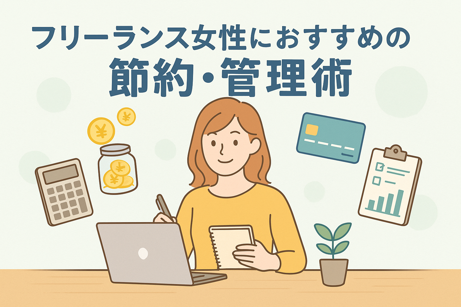 フリーランス女性がノートPCとメモ帳を使って家計管理や節約術を実践している様子を描いたイラストで、電卓、コイン、カード、チェックリストなどのアイコンが周囲に配置され、日本語のタイトル「フリーランス女性におすすめの節約・管理術」がデザインされたアイキャッチ画像。