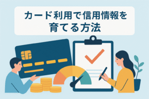 クレジットカードと信用スコアメーター、チェックリストを持つ男女のイラストで、カード利用によって信用情報を育てる方法をイメージしたアイキャッチ画像。