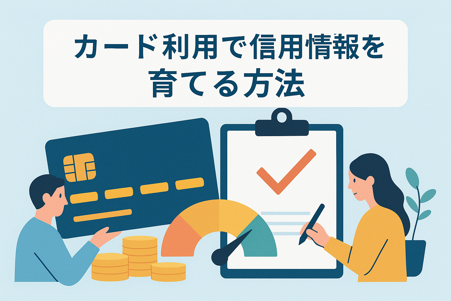 クレジットカードと信用スコアメーター、チェックリストを持つ男女のイラストで、カード利用によって信用情報を育てる方法をイメージしたアイキャッチ画像。