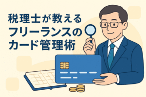 税理士がクレジットカードと帳簿を示しながら、フリーランス向けにカード管理術を説明しているイラスト。日本語タイトル「税理士が教えるフリーランスのカード管理術」が配置された、節約と管理をテーマにした分かりやすい