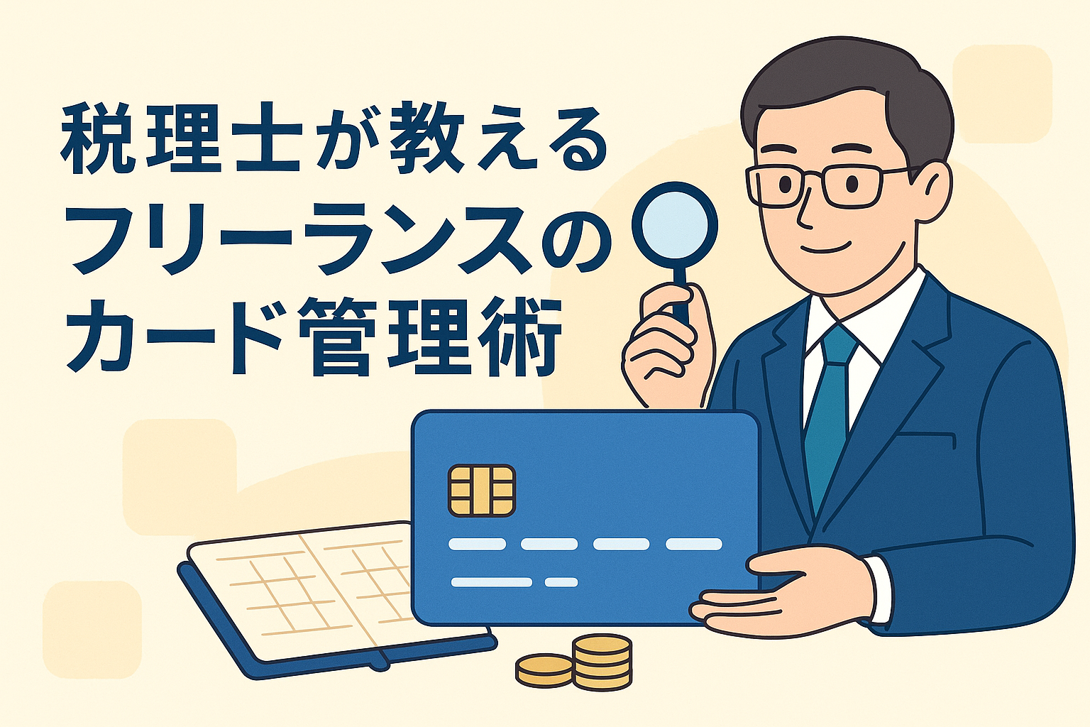 税理士がクレジットカードと帳簿を示しながら、フリーランス向けにカード管理術を説明しているイラスト。日本語タイトル「税理士が教えるフリーランスのカード管理術」が配置された、節約と管理をテーマにした分かりやすい